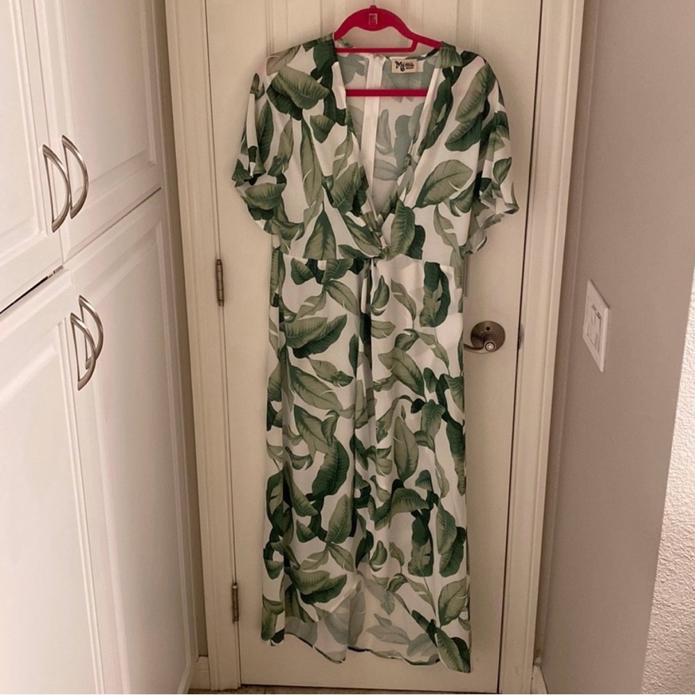 Show Me Your MuMu White Midi Dress with Green Leaf Print